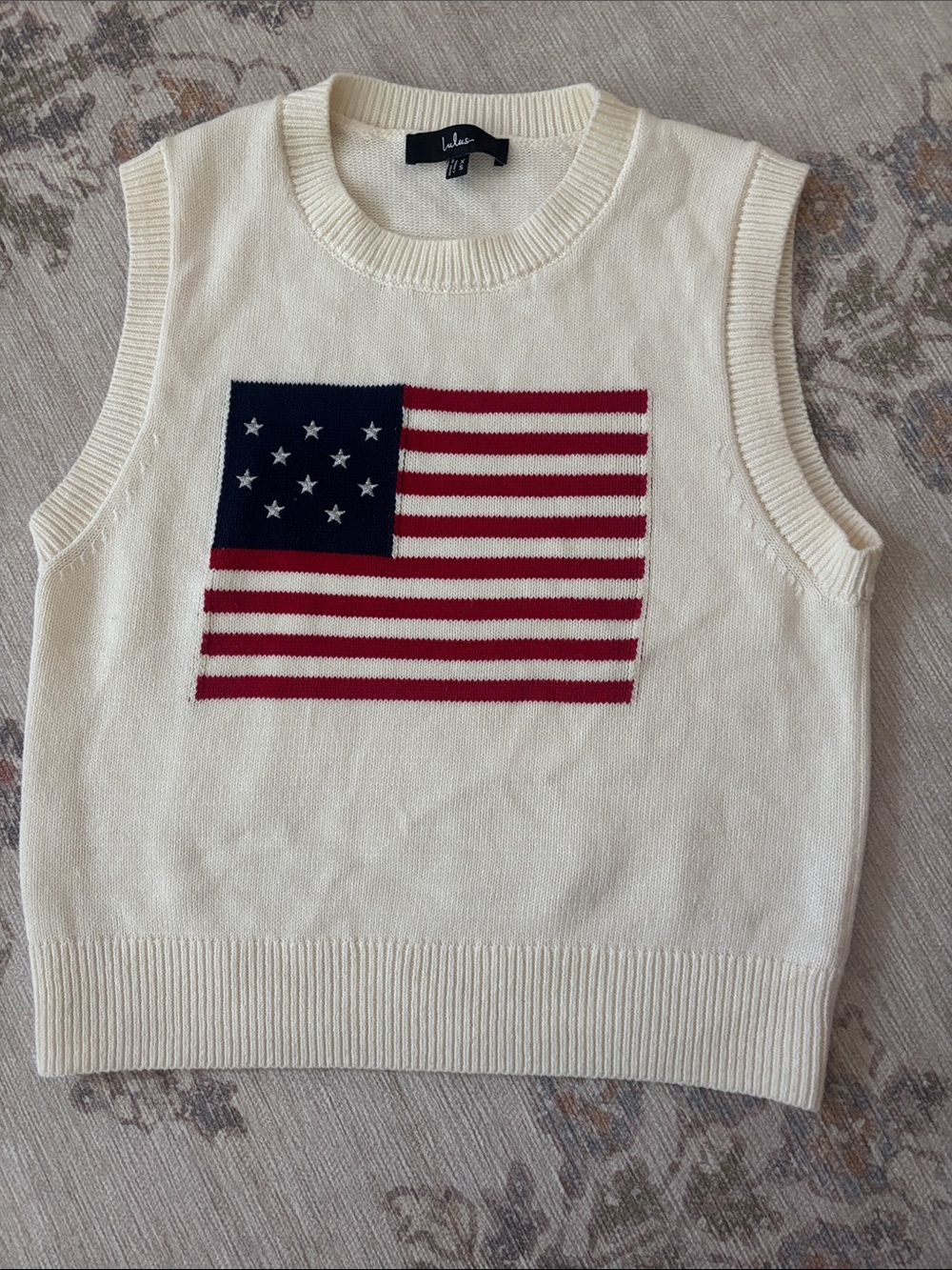 Lulu's Cream Knit Sleeveless Vest with Red & Navy Flag